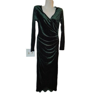 Dirass Women’s Dark Green Velvet Long Sleeve Asymmetrical Dress Size S W004